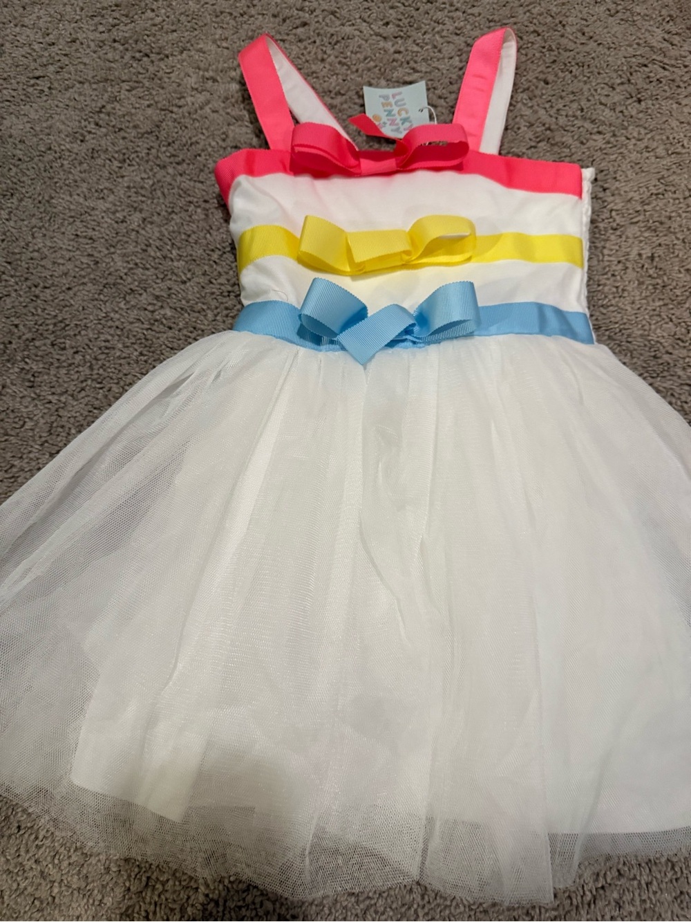 Girls' White Tulle Dress with Pink, Yellow & Blue Bows